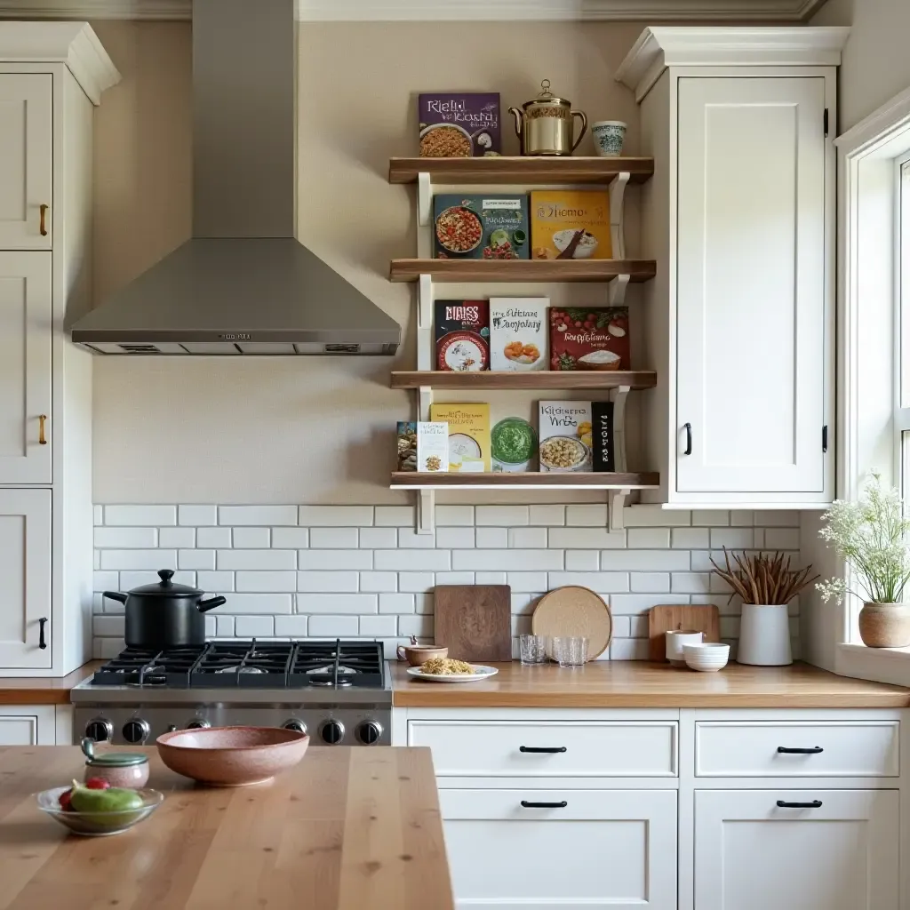 a photo of a kitchen featuring a wall of Mediterranean cookbooks