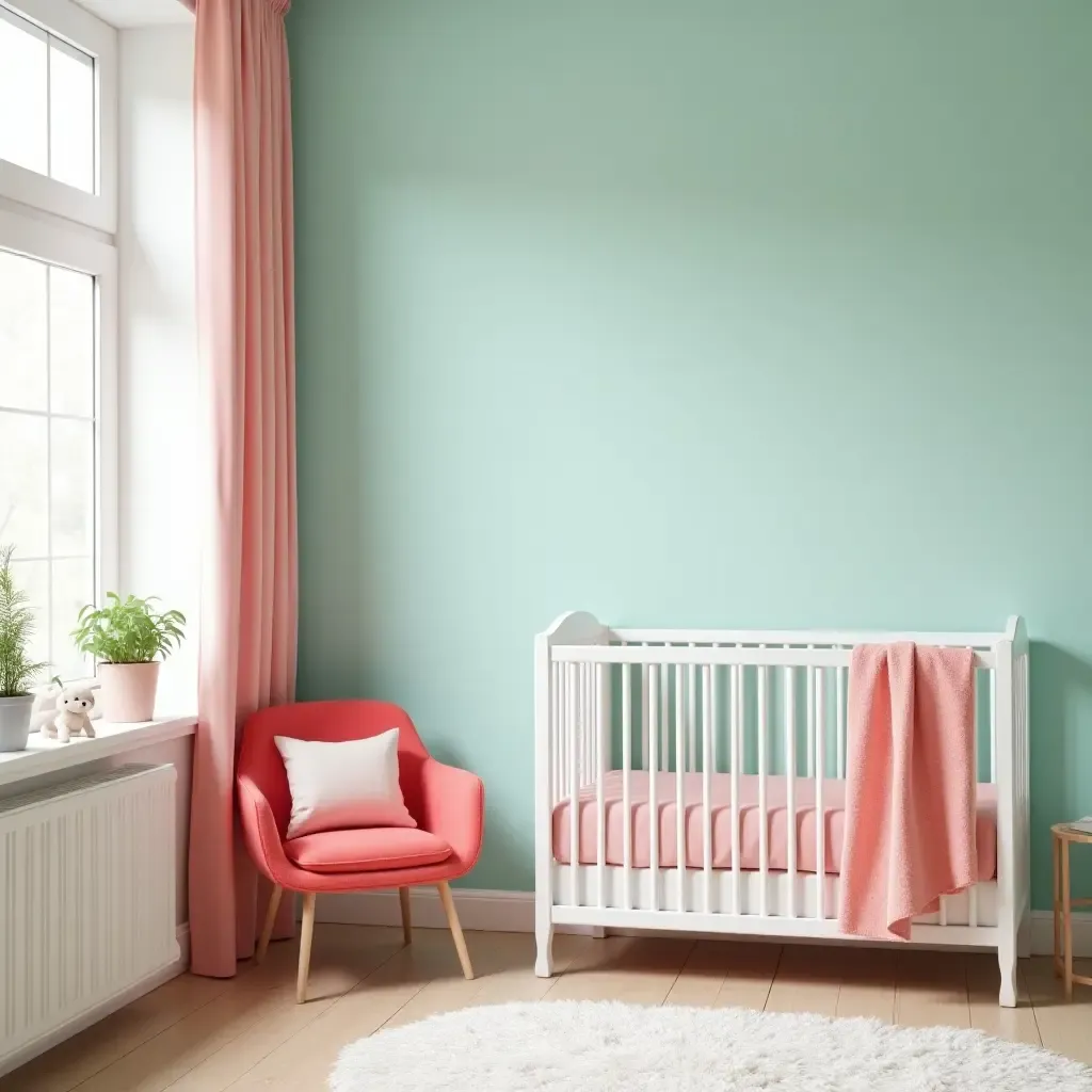 a photo of a nursery with coral and teal color scheme