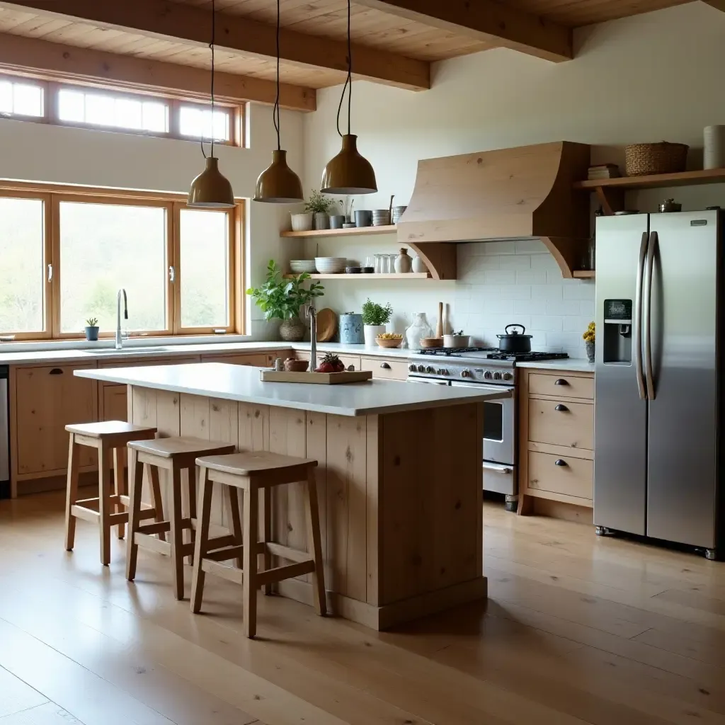 a photo of an eco-friendly kitchen island made from reclaimed materials and seating