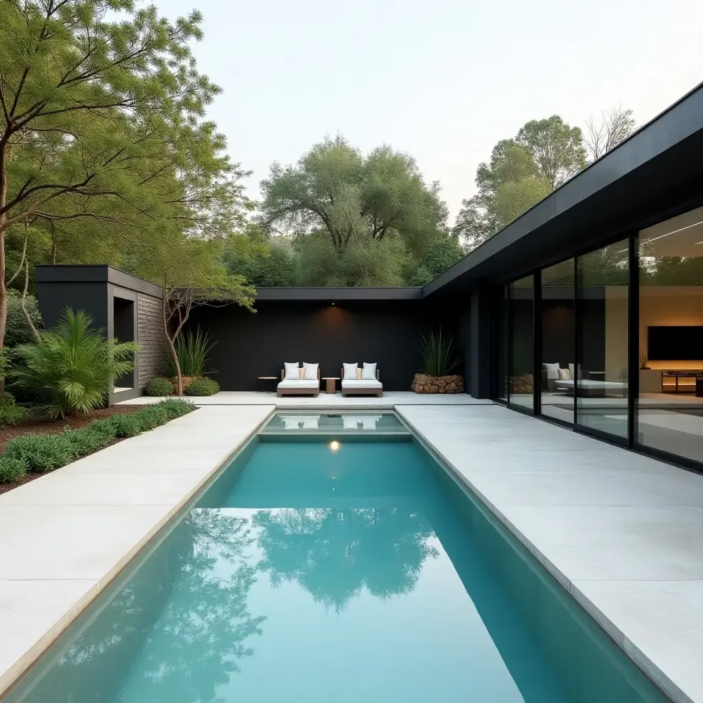 a photo of a sleek rectangular pool with minimalist landscaping and soft cushions