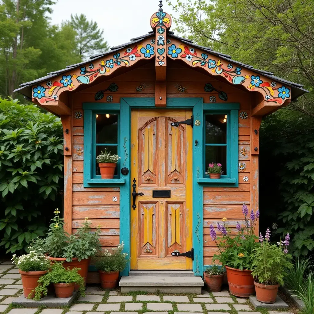 a photo of a colorful garden shed adorned with traditional patterns