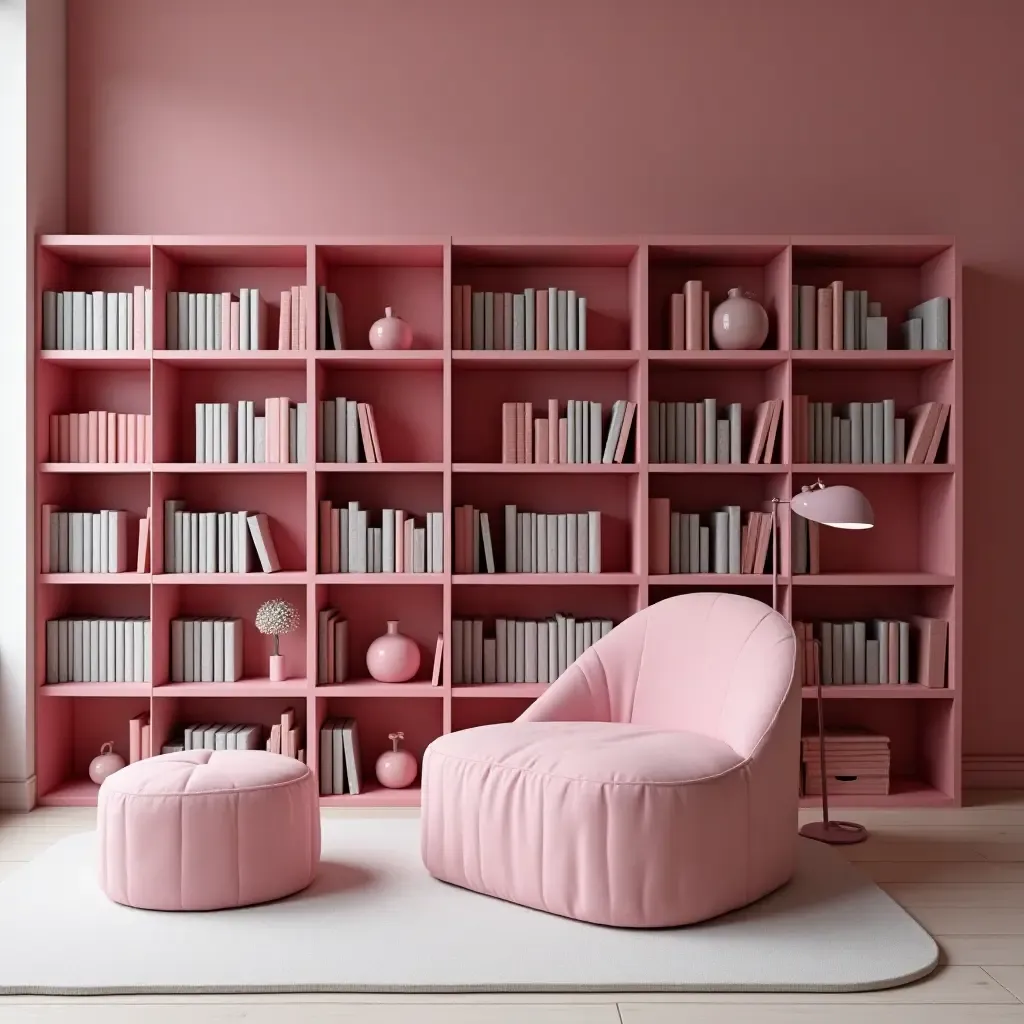 a photo of a bright raspberry pink and light gray library with playful touches