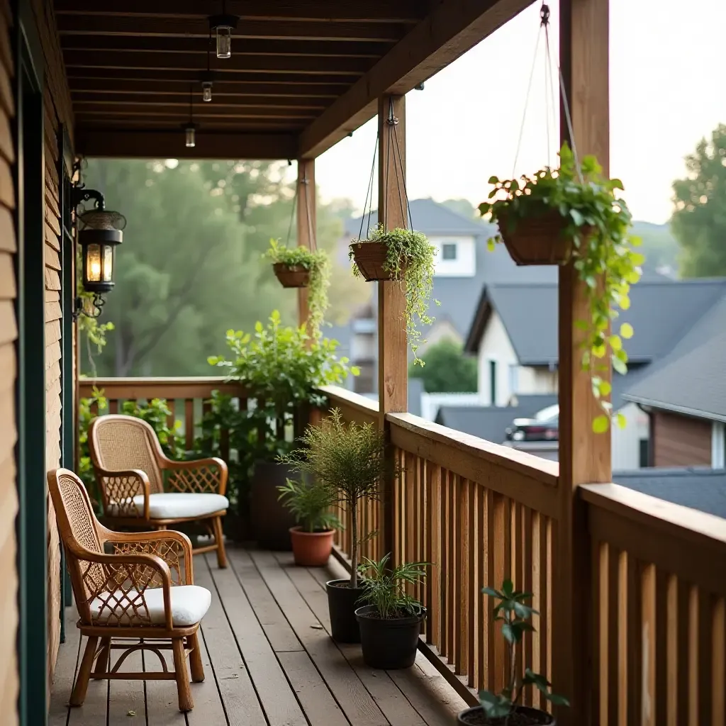 a photo of a balcony featuring a reclaimed wood railing and hanging plants