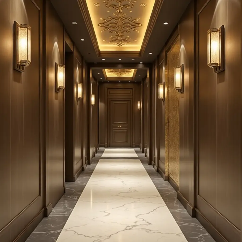 a photo of a corridor with metallic wall art and elegant lighting fixtures