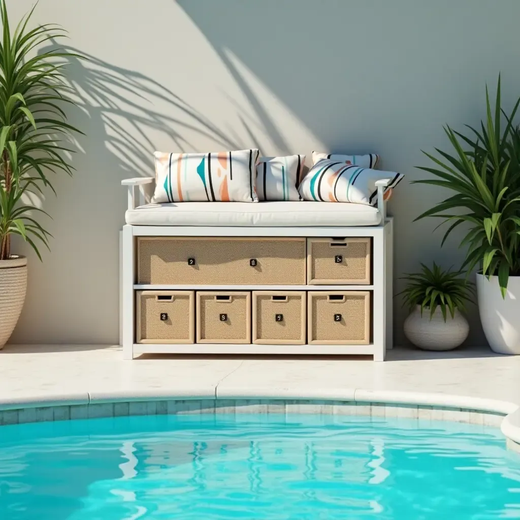 a photo of a stylish beach-themed storage solution by the pool