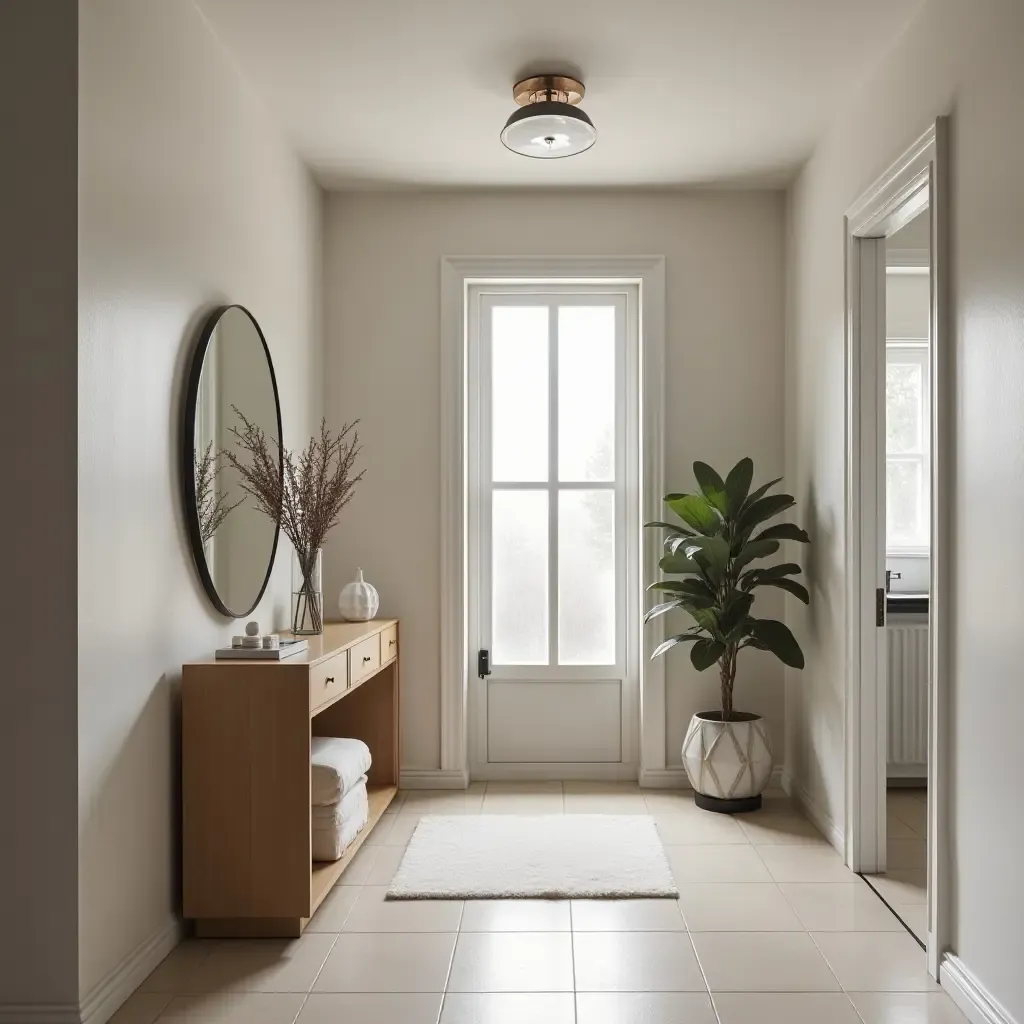 a photo of a chic corridor with a large mirror and organized accessories