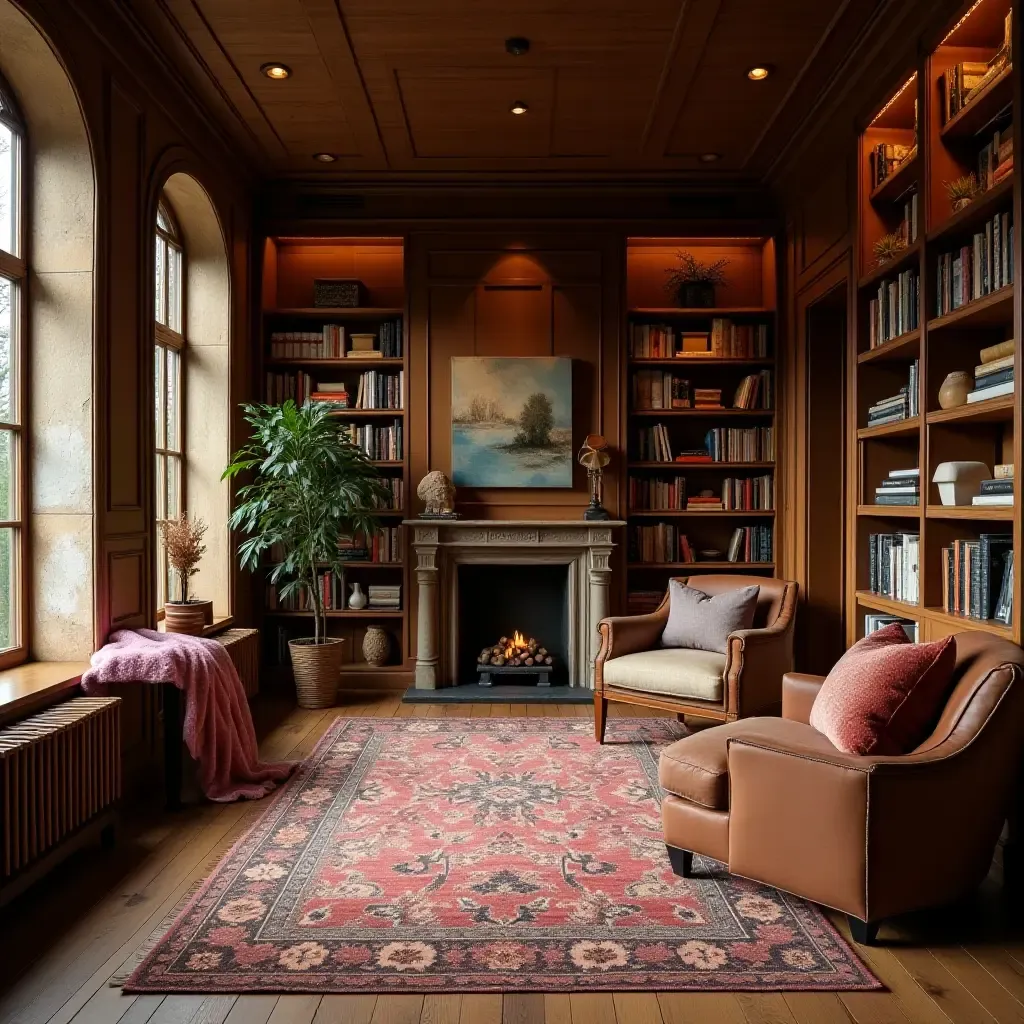 a photo of a warm library with wooden flooring and soft rugs