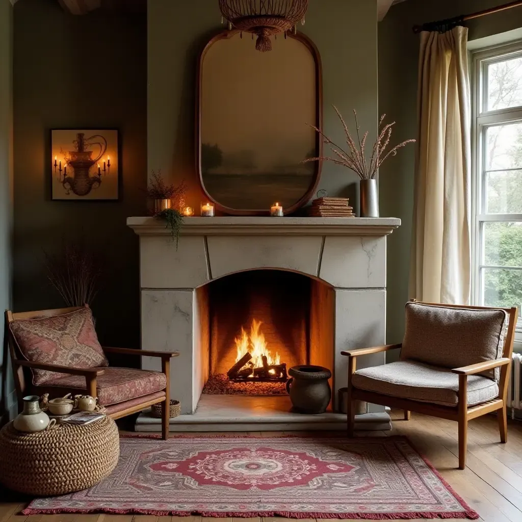 a photo of a cozy fireplace surrounded by bohemian decor