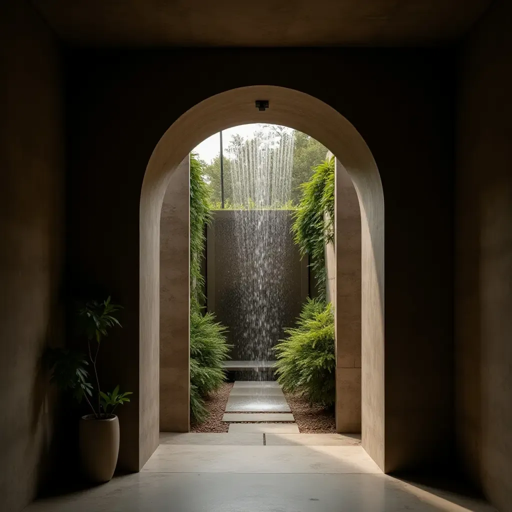 a photo of an entrance hall with a cascading water feature on a garden wall