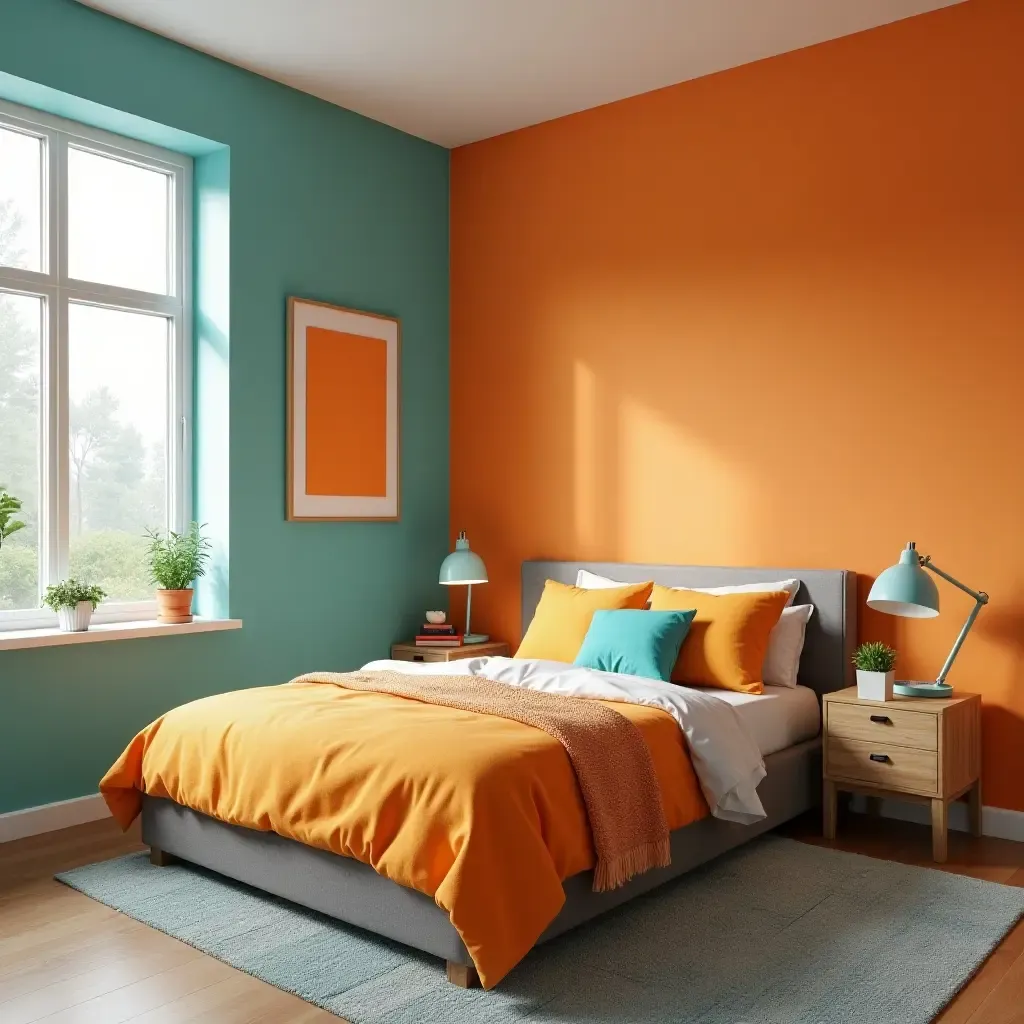 a photo of a bright orange and turquoise bedroom for teenagers