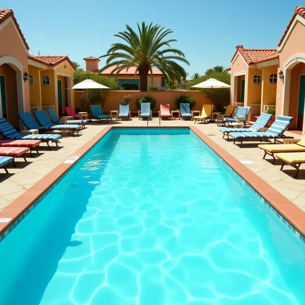 a photo of a family-friendly pool with bright primary colors and fun games