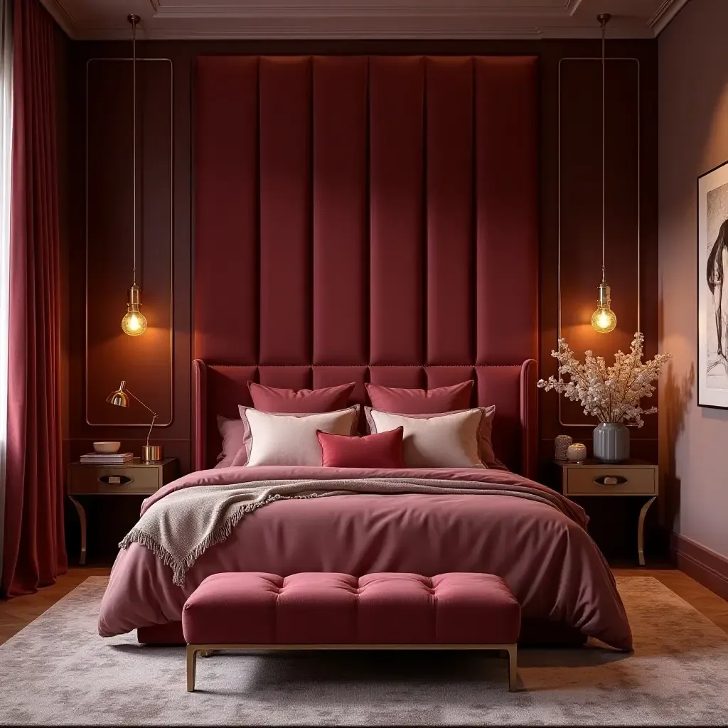 a photo of a luxurious bedroom with velvet accents and gold decor elements