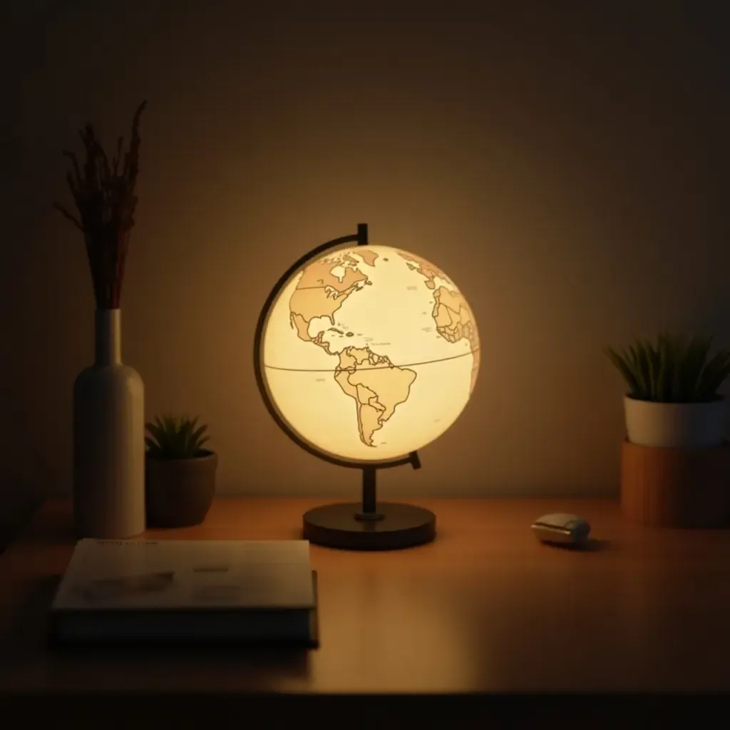 a photo of a whimsical globe lamp illuminating a stylish desk area