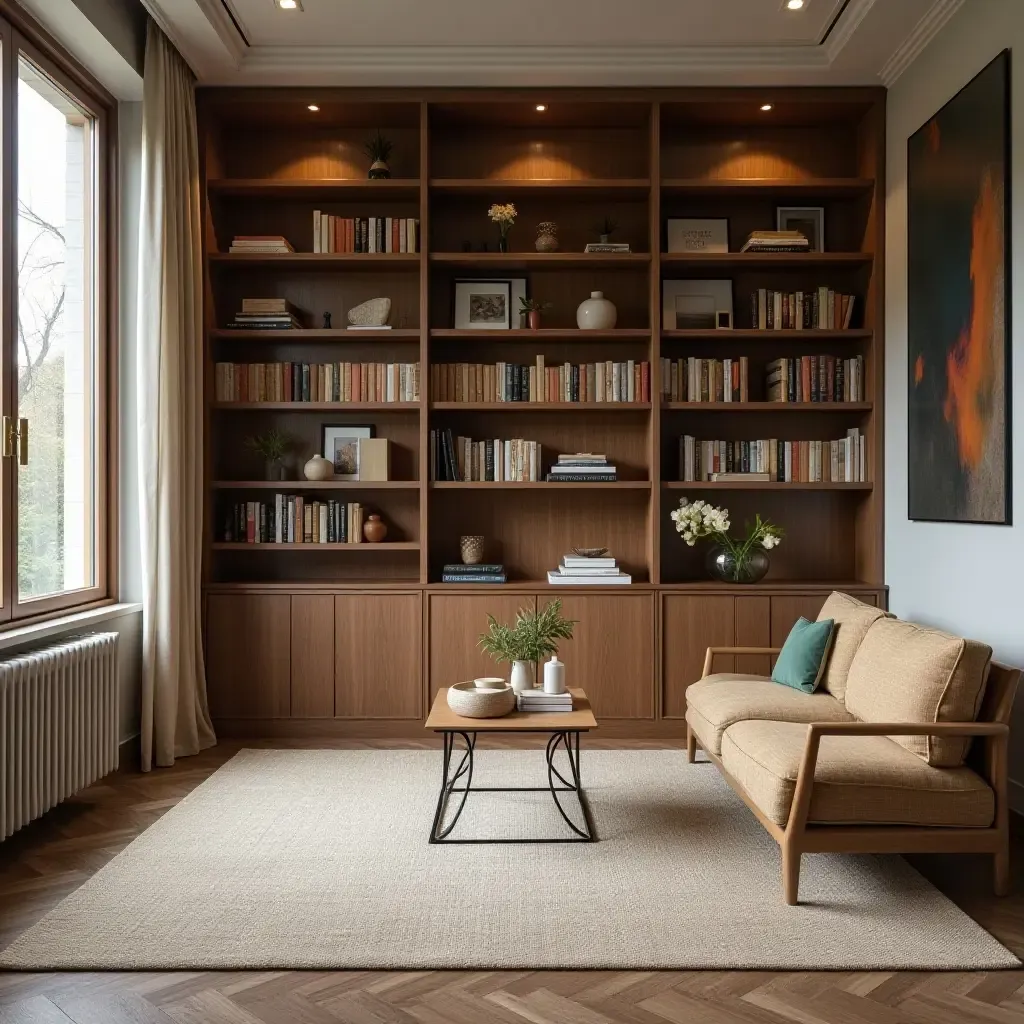 a photo of a textured rug with natural hues in a serene library