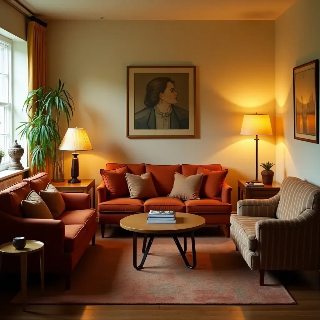 a photo of a vintage-inspired living room with retro furniture and warm lighting