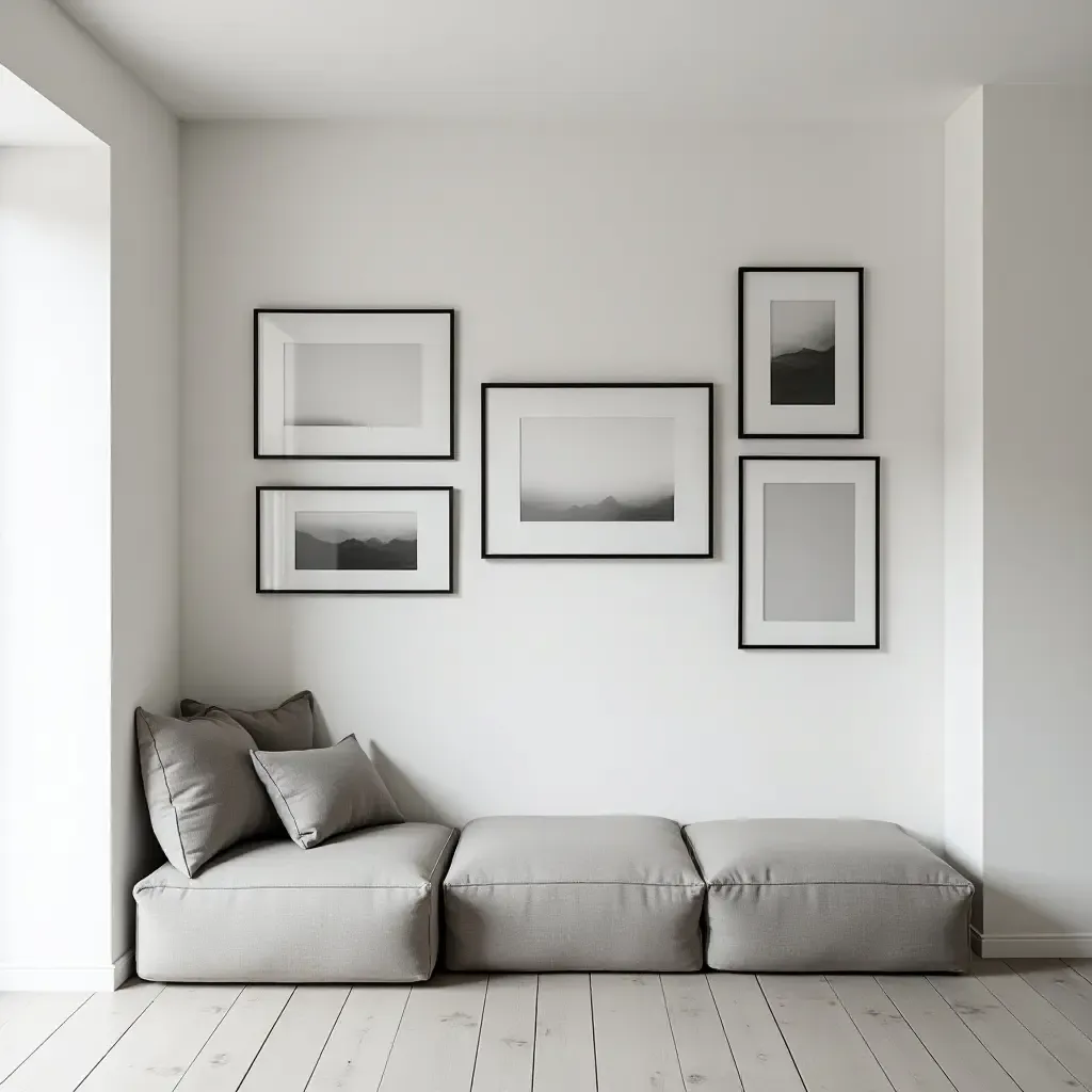 a photo of a minimalist black and white wall art arrangement in a basement