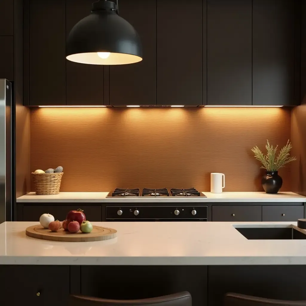 a photo of a rich wood veneer backsplash warming up a modern kitchen