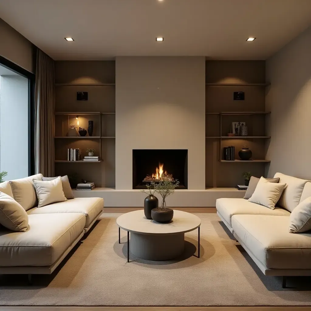 a photo of a cozy basement fireplace with minimalist seating