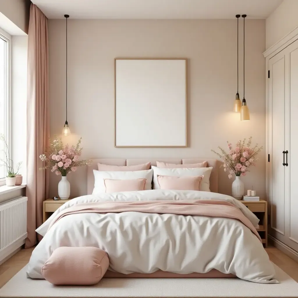 a photo of a bedroom featuring a soft color palette and floral accents