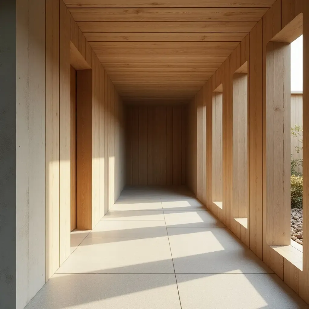 a photo of a corridor with a combination of concrete and wood