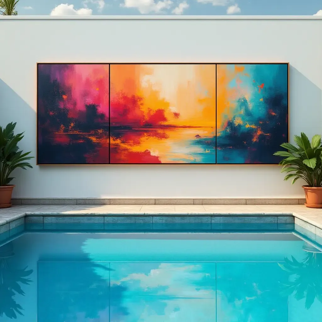 a photo of a colorful abstract painting hanging by the pool