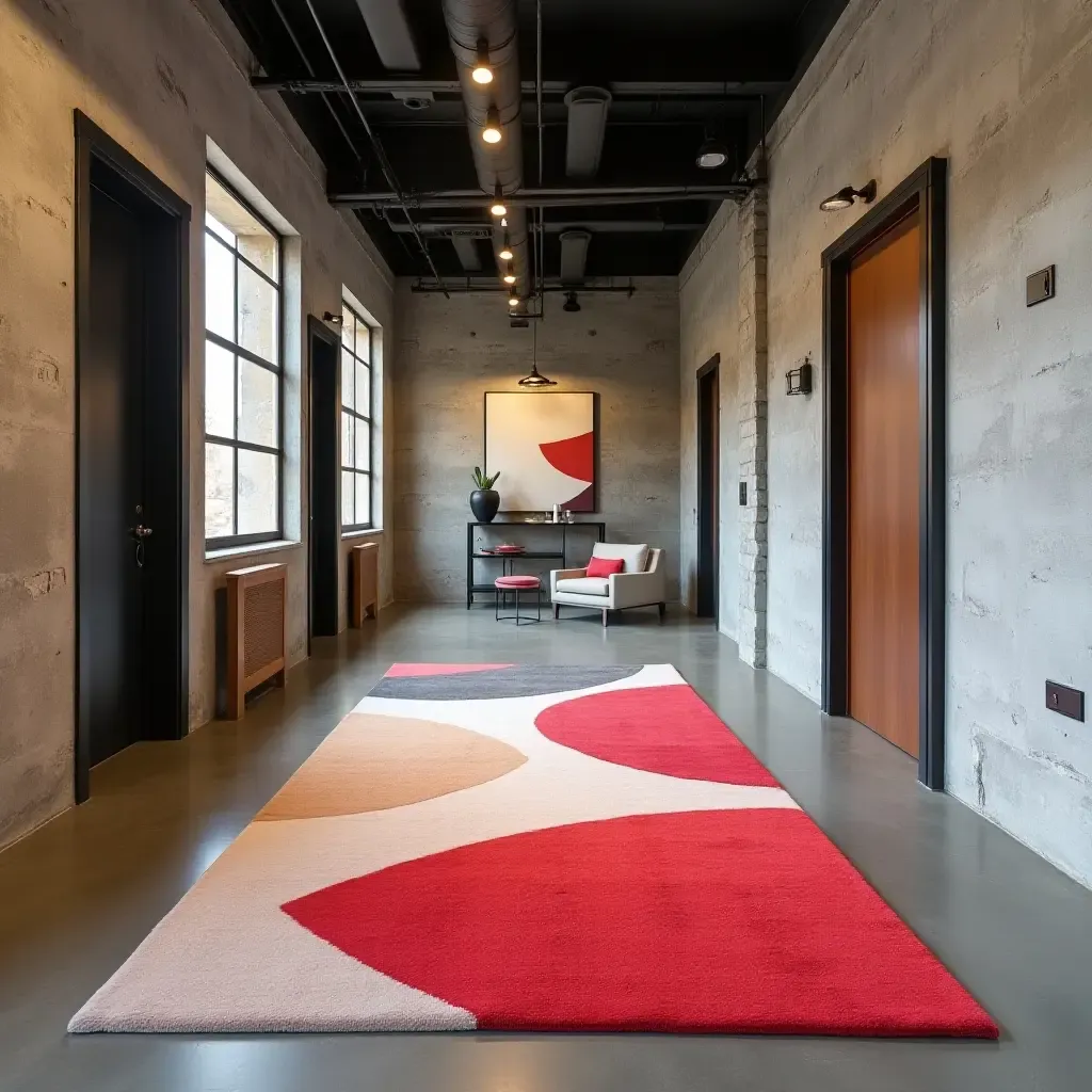 a photo of a bold, oversized graphic rug in an industrial-style hallway