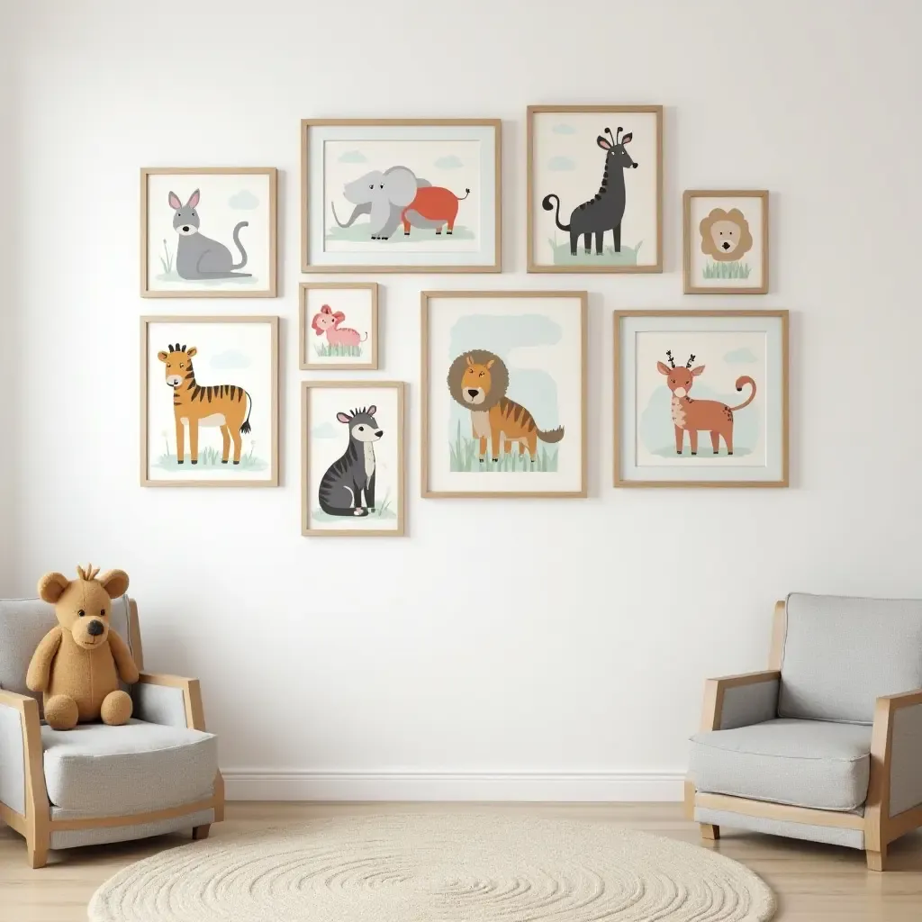 a photo of a colorful nursery gallery wall with animal illustrations