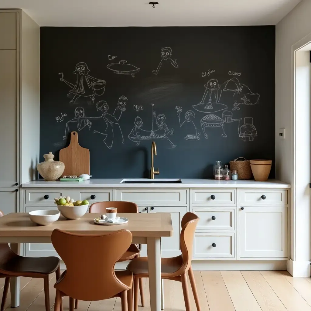 a photo of a playful chalkboard backsplash allowing for creativity in a family kitchen