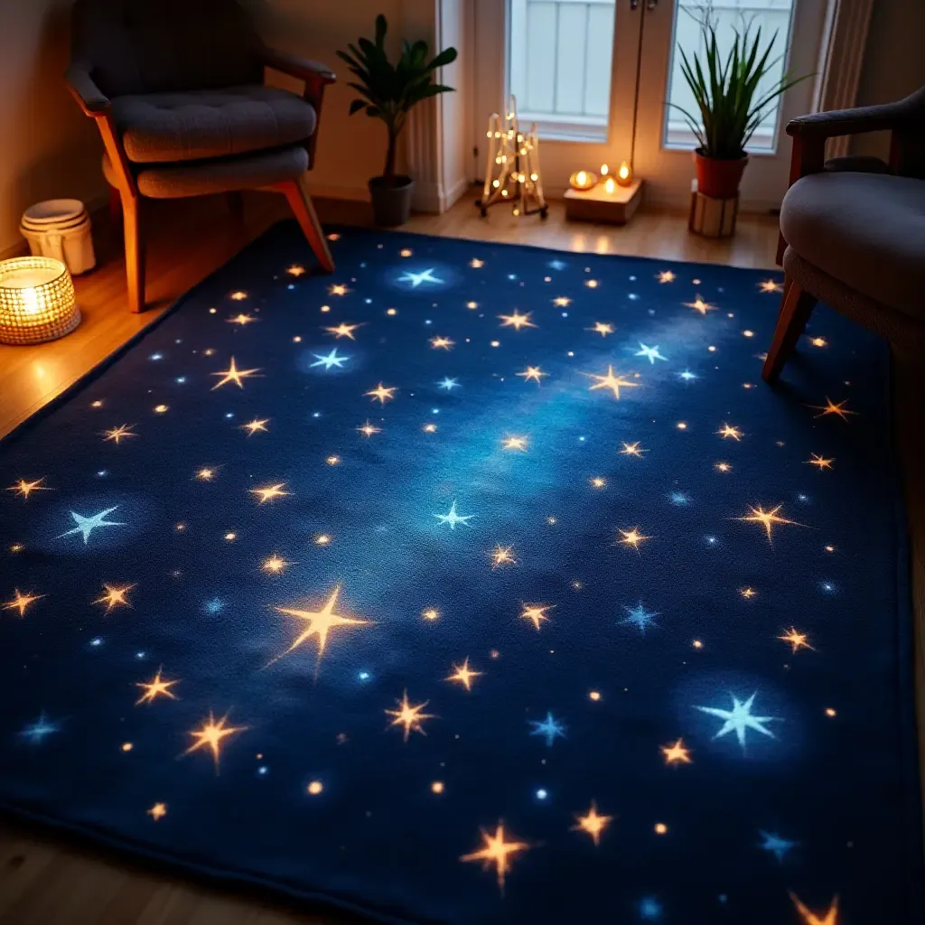 a photo of a starry night rug with glowing elements for a cozy feel