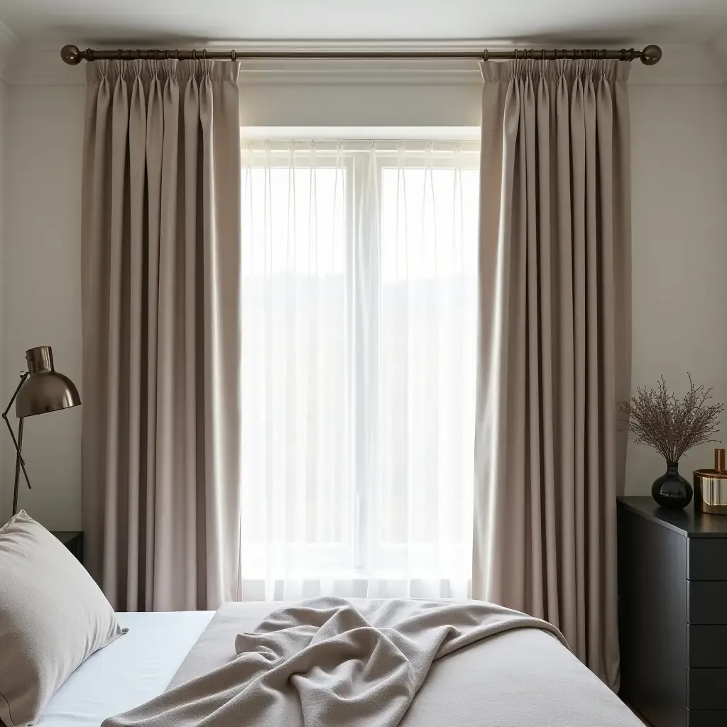 a photo of a sophisticated bedroom with metallic curtain rods