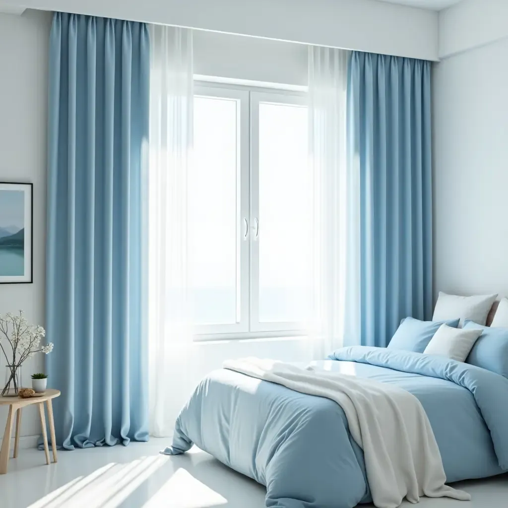 a photo of a calming sky blue and white bedroom with airy curtains