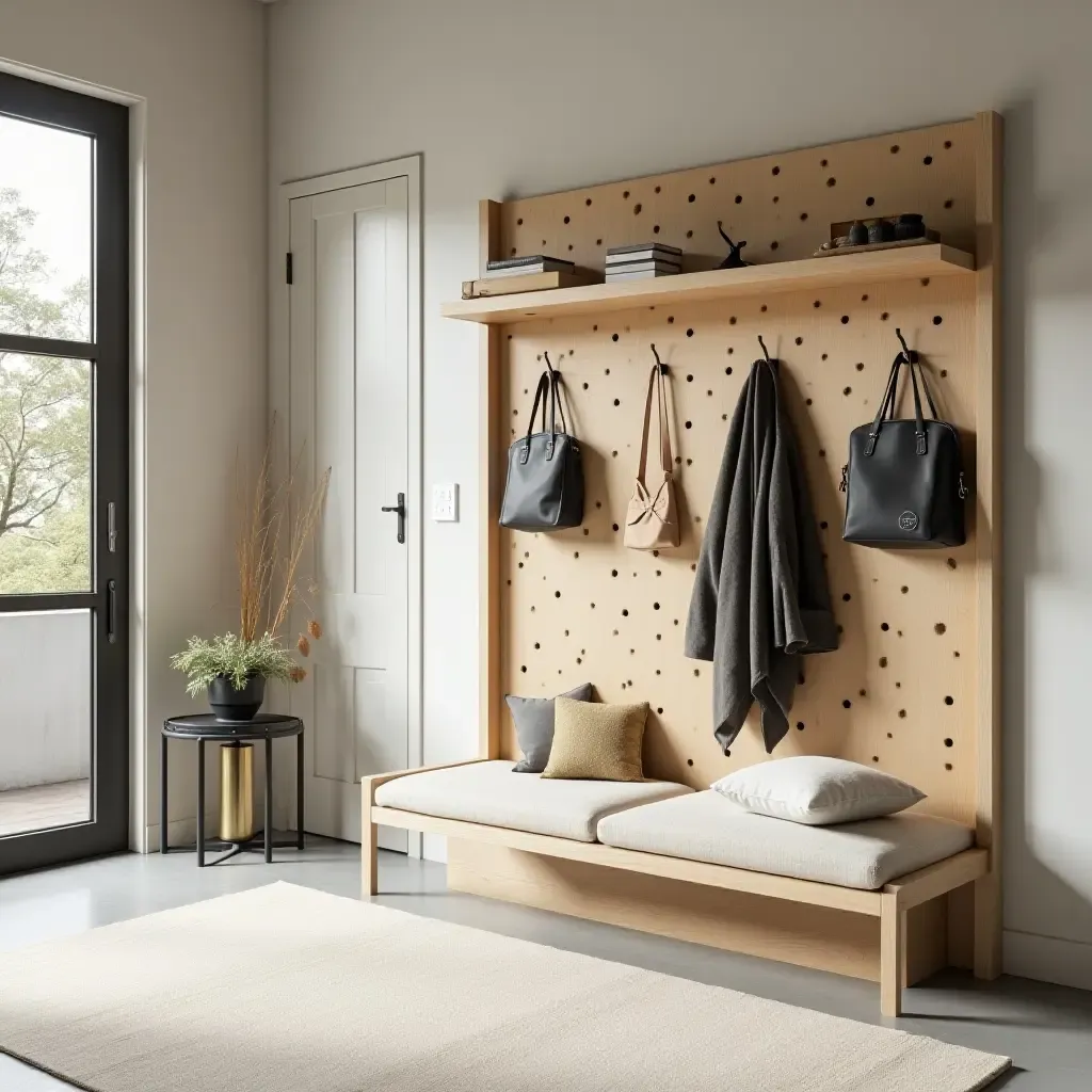 a photo of an entrance hall with a pegboard for organization