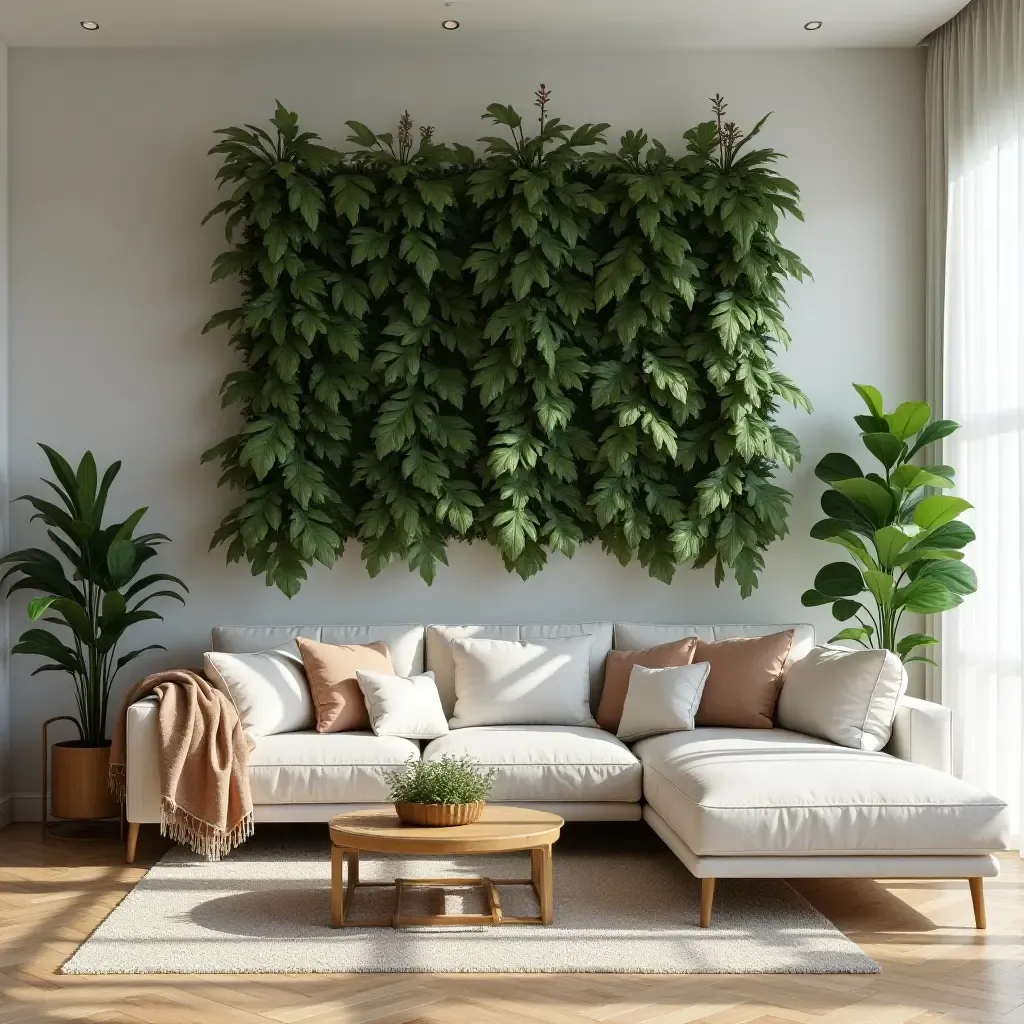 a photo of a living room with a wall of plants and natural decor