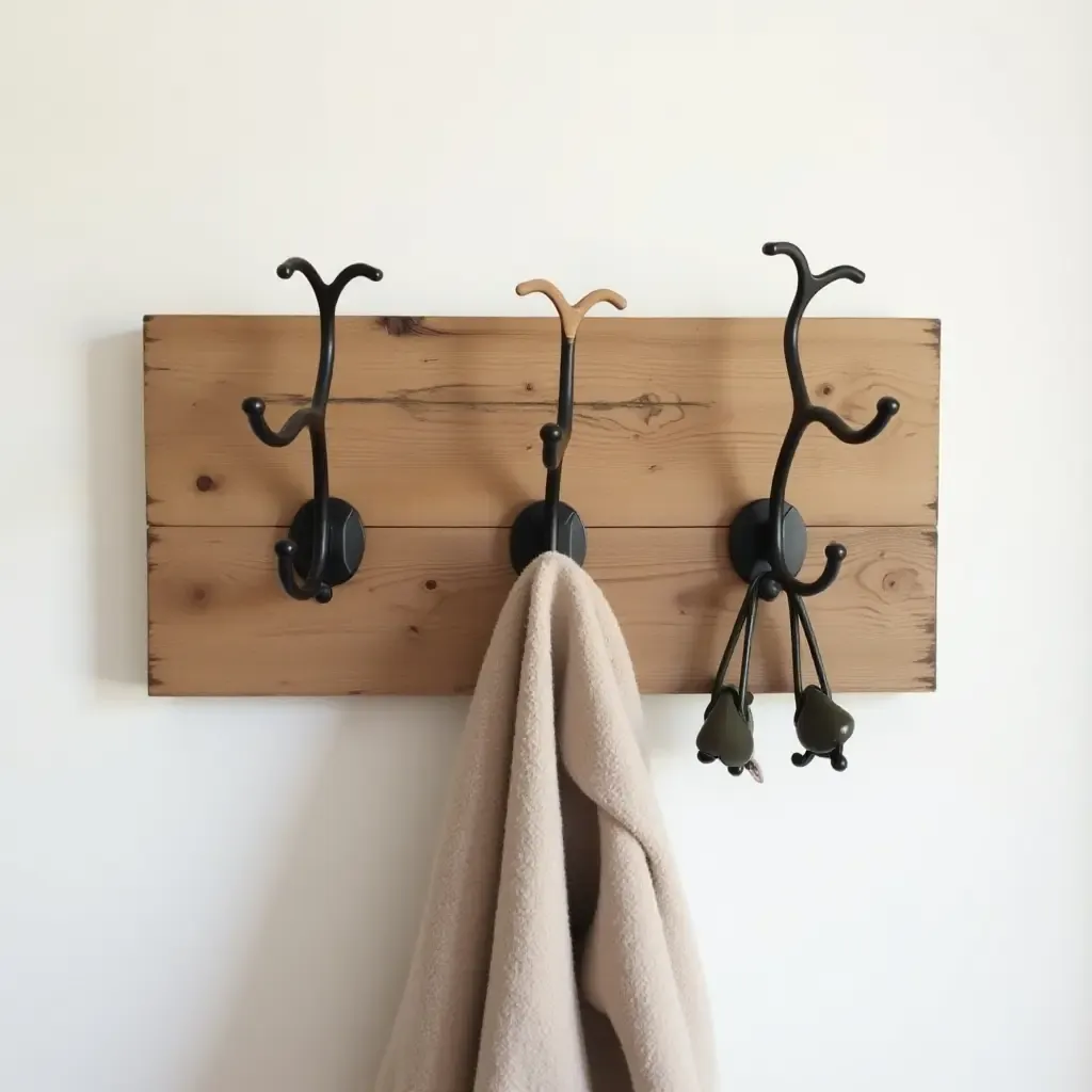 a photo of a stylish DIY coat rack made from reclaimed wood