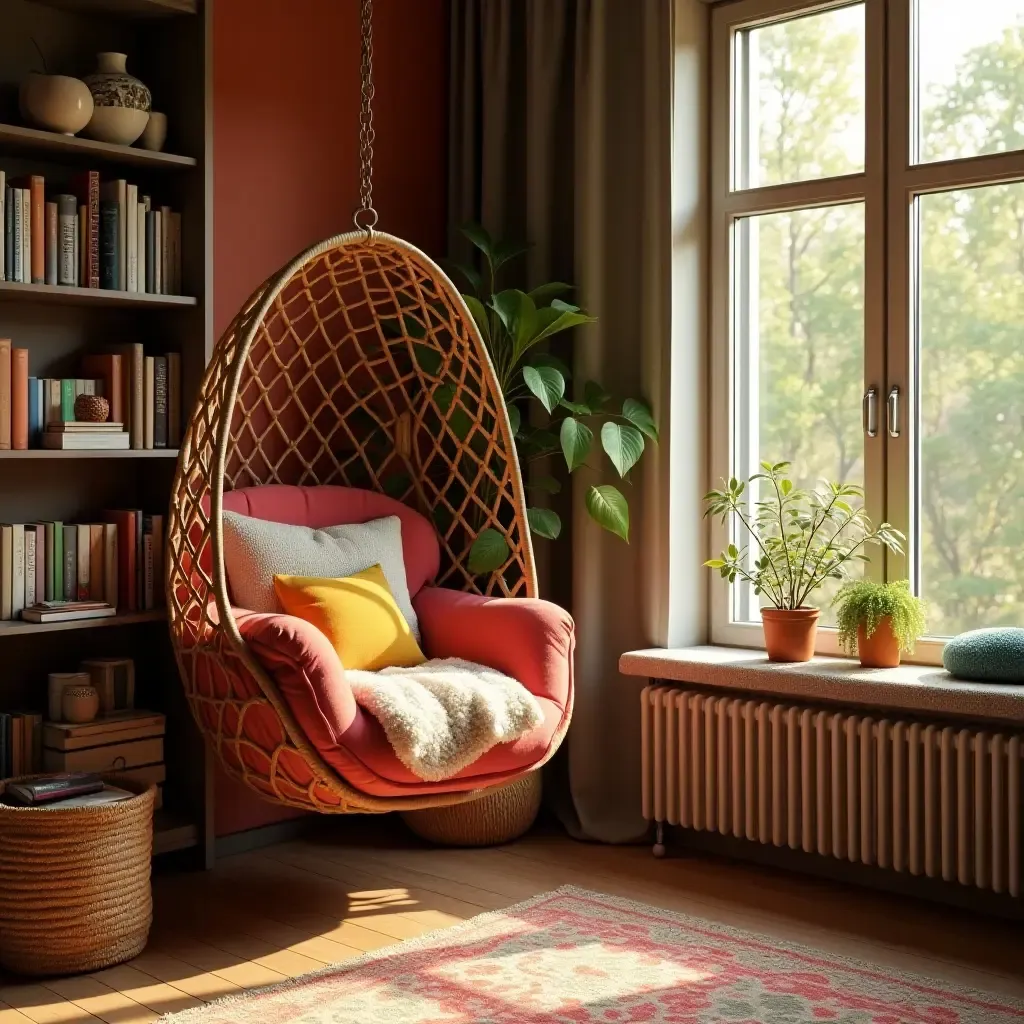 a photo of a reading nook with a hanging chair and warm, inviting colors