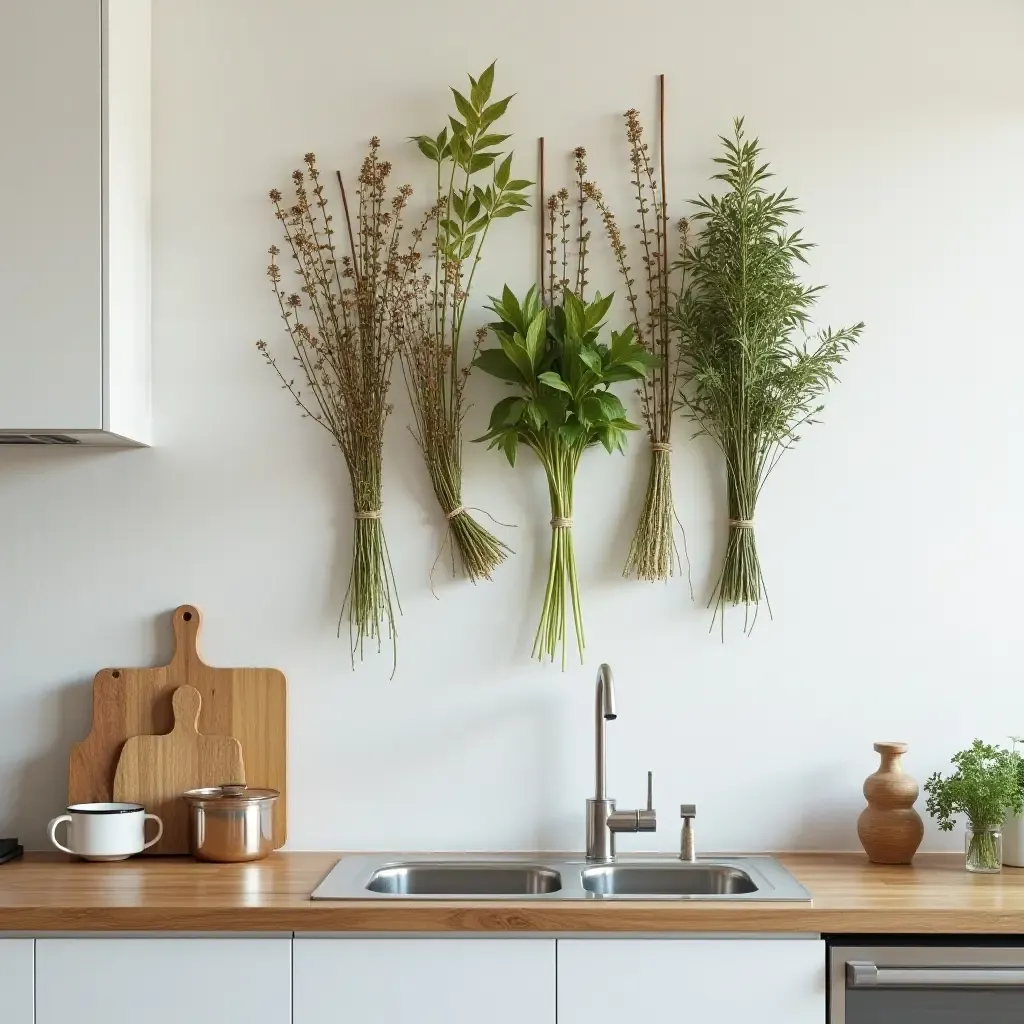 a photo of wall art made from dried herbs in a kitchen