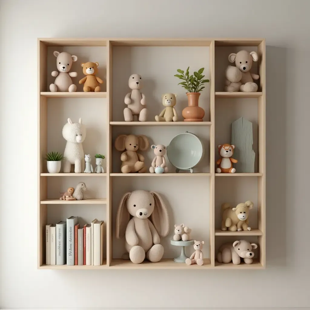 a photo of a glamorous wall shelf displaying toys and books