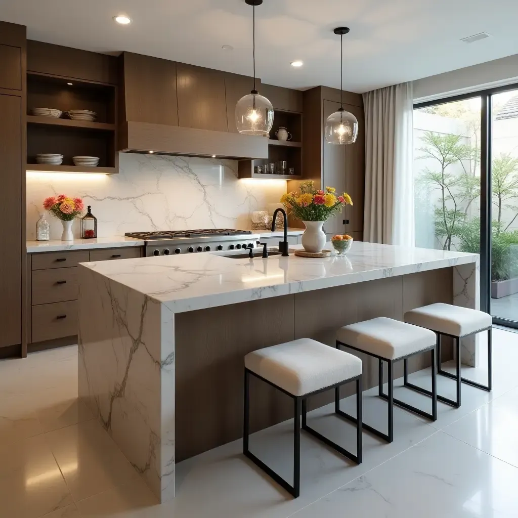 a photo of a luxurious kitchen island with marble top and plush seating