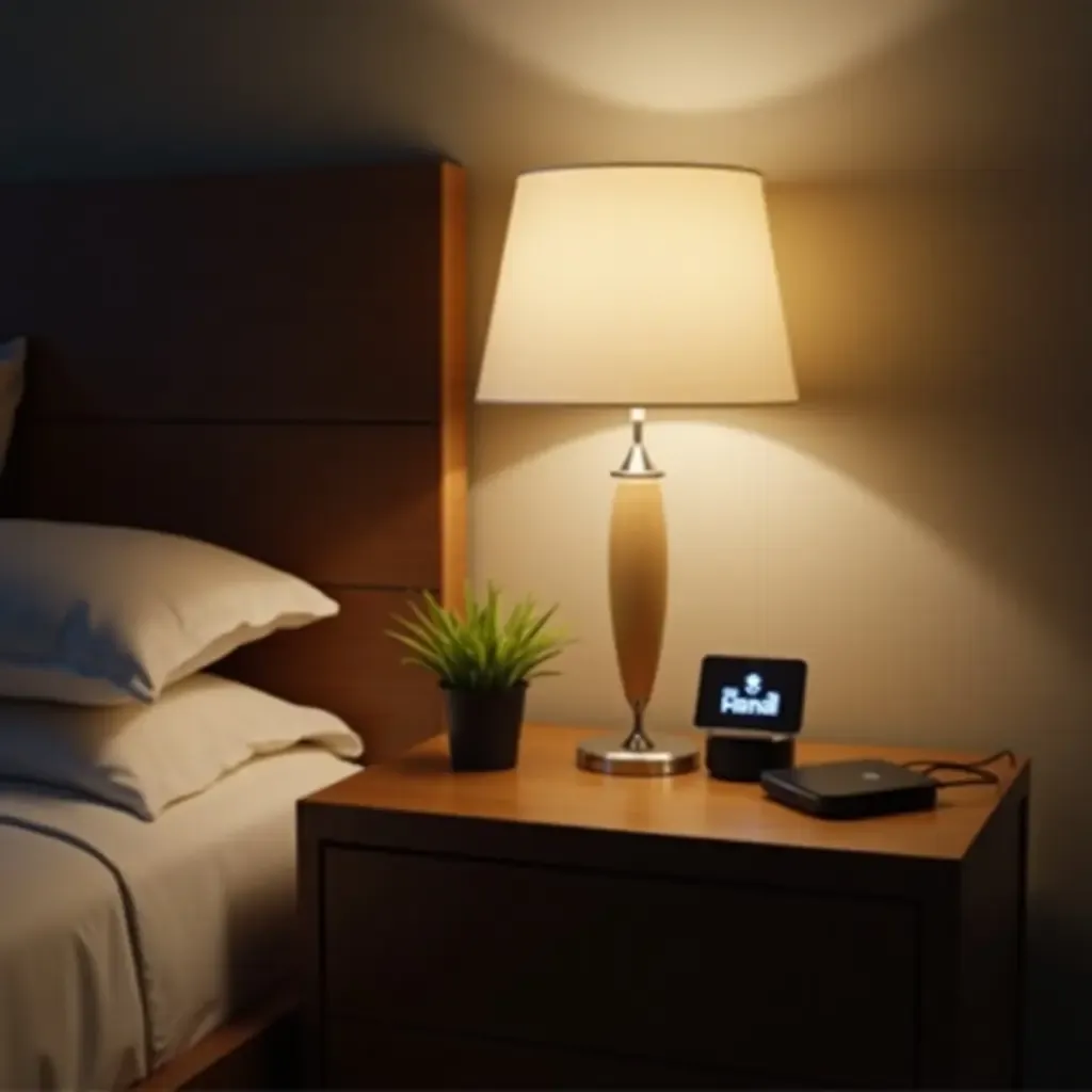 a photo of a nightstand with a modern lamp and tech gadgets