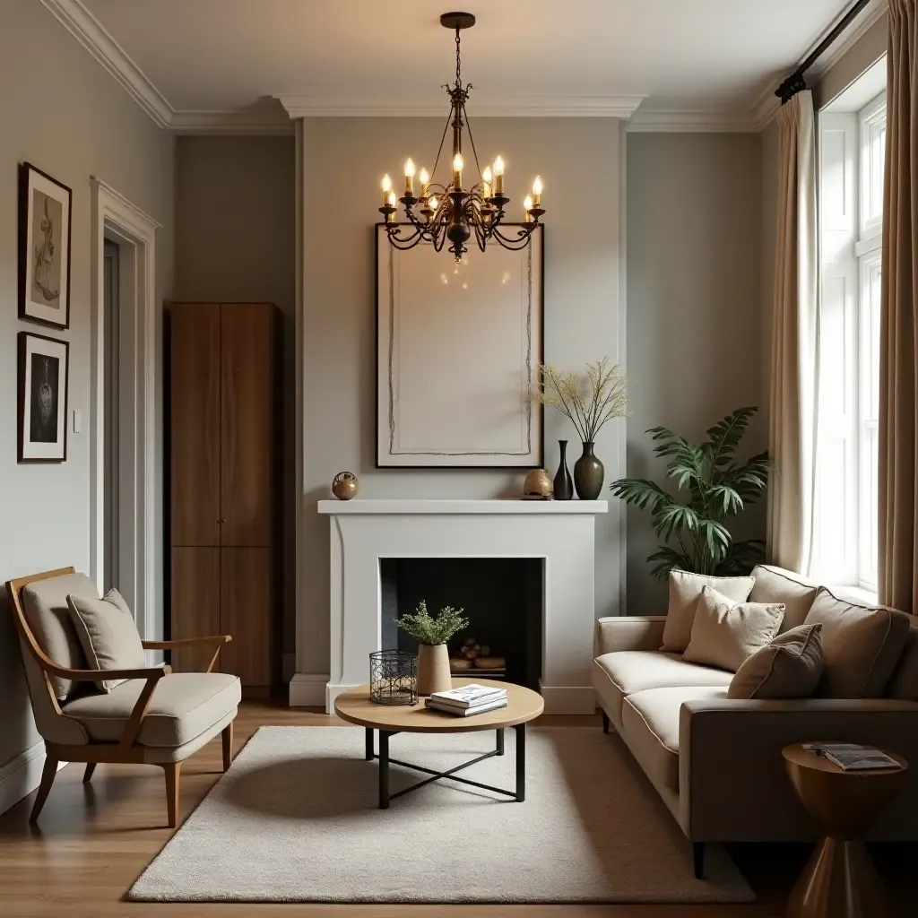 a photo of a small living room with a vintage chandelier