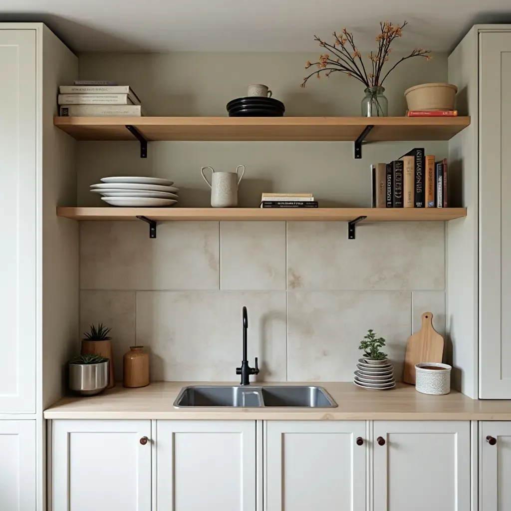 a photo of open shelving featuring a blend of modern and vintage decor