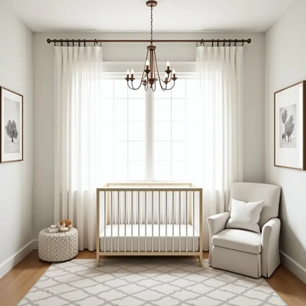 a photo of a tranquil nursery with a farmhouse chandelier and soft linen curtains