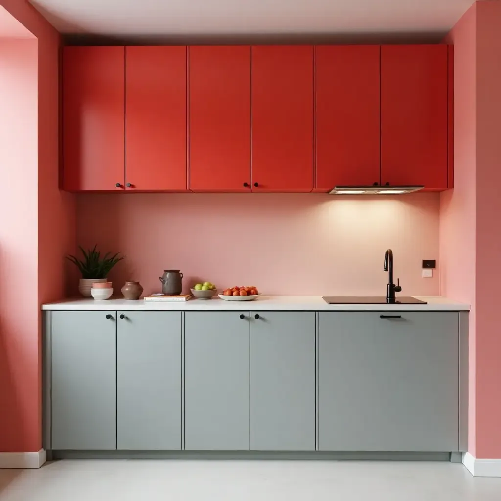 a photo of bright red and soft gray cabinetry for a bold statement