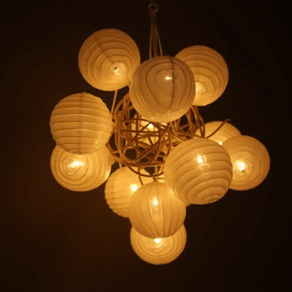 a photo of a unique light fixture made from paper lanterns and string lights