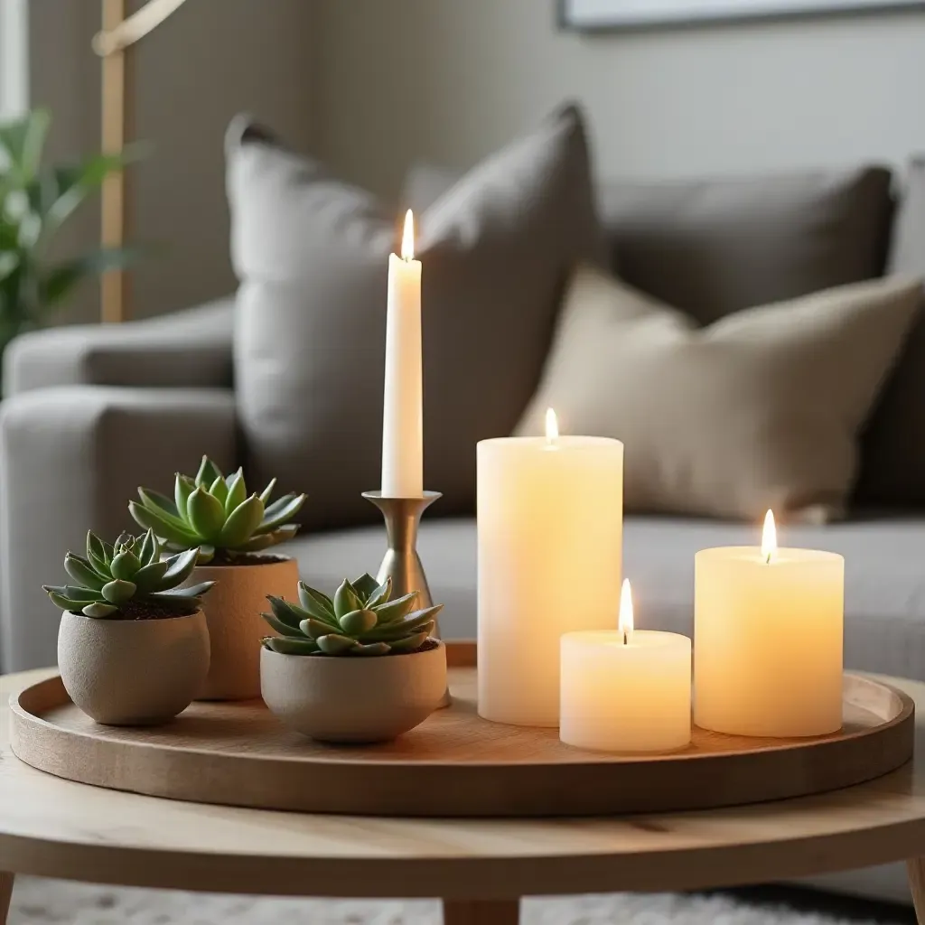 a photo of a stylish coffee table adorned with candles and succulents