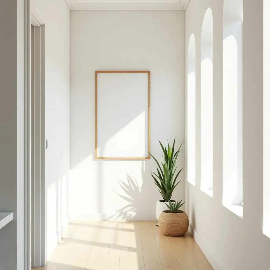 a photo of a bright hallway with a DIY plant frame on the wall