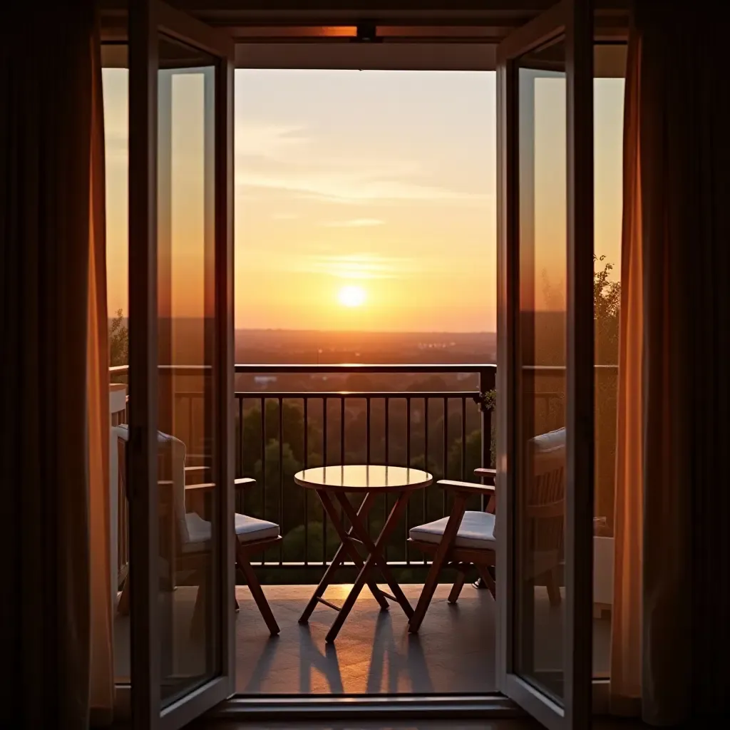 a photo of a balcony with a small table and chairs overlooking a sunset