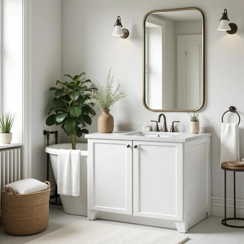 a photo of a stylish farmhouse bathroom with decorative plants and accessories