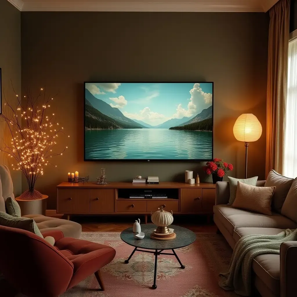 a photo of a cozy TV room with a vintage vibe