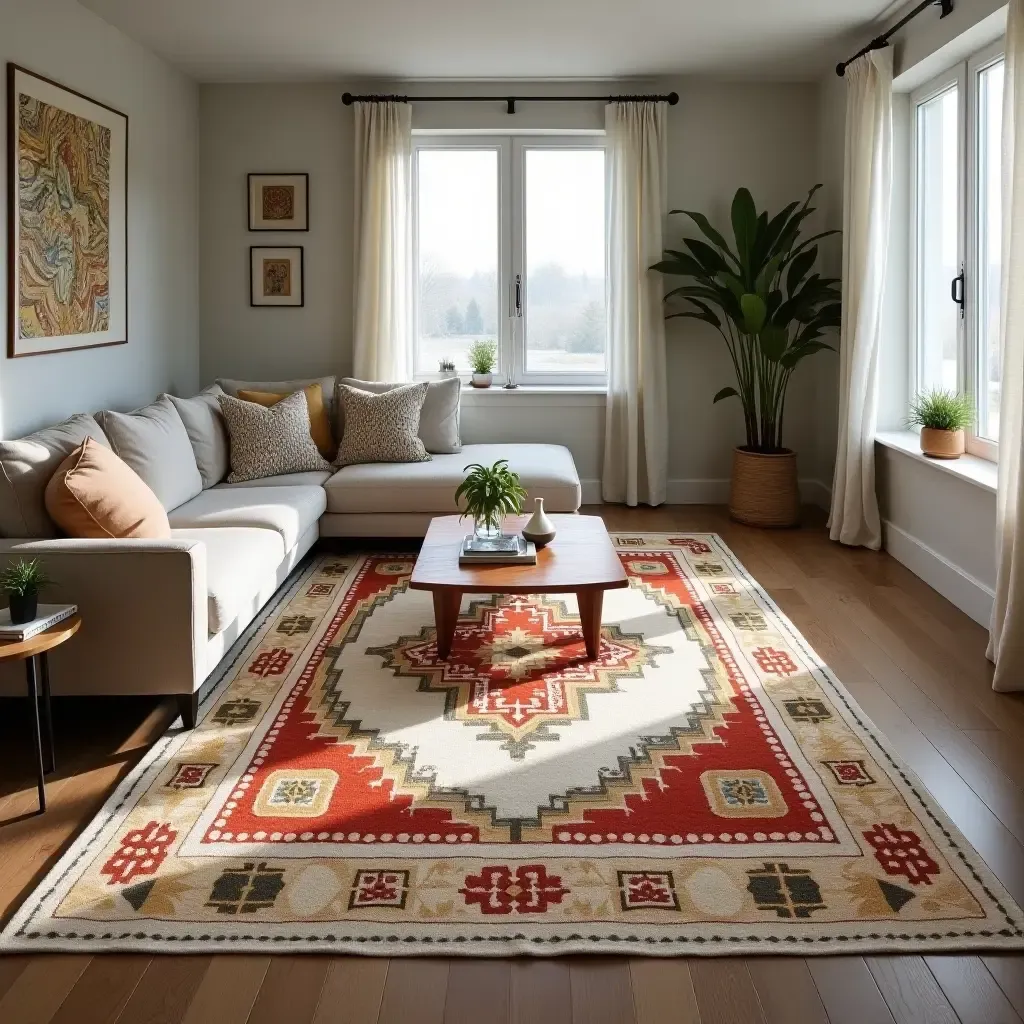 a photo of a unique, hand-painted rug with cultural motifs in a living room